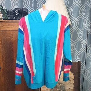 Retro Look Teal Mint Red Pink Blue Hooded Sweater Long Sleeve Kangaroo Pocket 2X